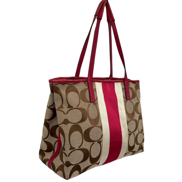 Coach Handbags - Coach Hampton Signature Khaki Berry Stripe Tote Shoulder Bag